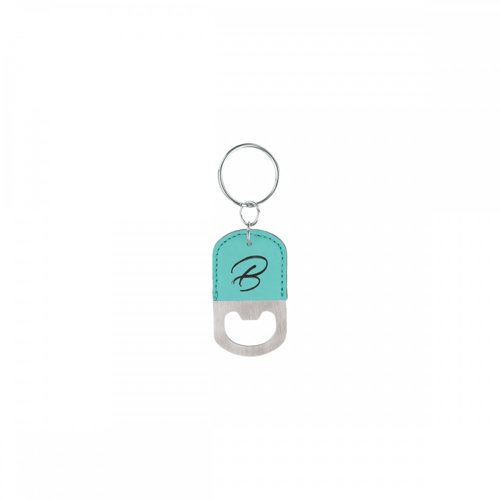 Teal Oval Leatherette Bottle Opener Keychain with Logo