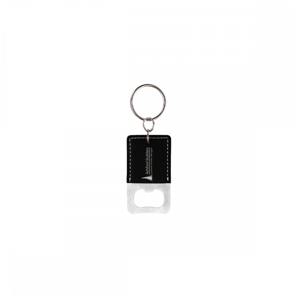 Black/Silver Rectangle Leatherette Bottle Opener Keychain with Logo