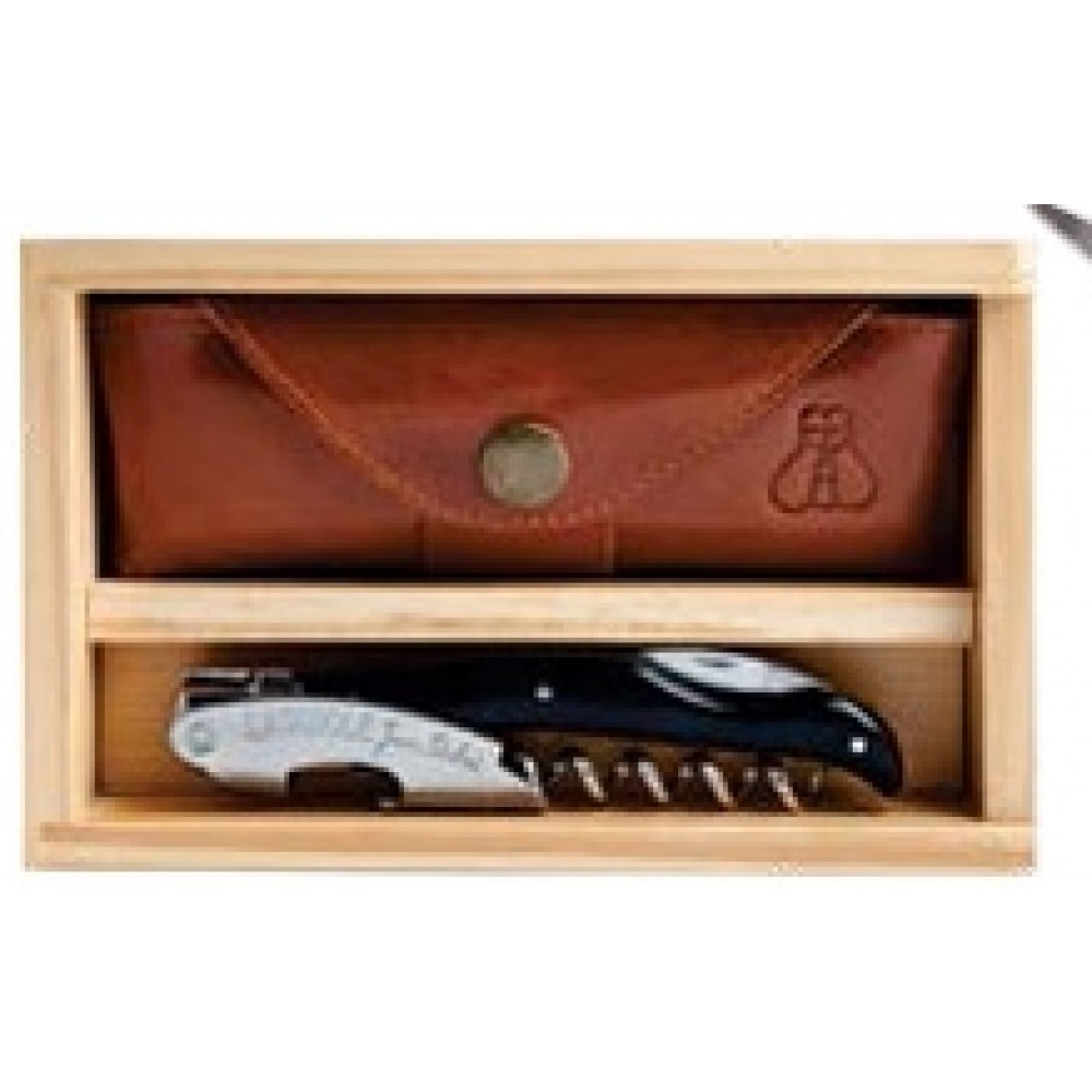 Custom Laguiole Millesime Black Horn Corkscrew Set w/Box & Leather Pouch