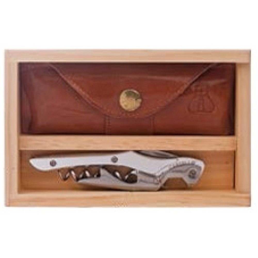 Personalized Castello Natural Aluminum Corkscrew Set w/Box & Leather Pouch