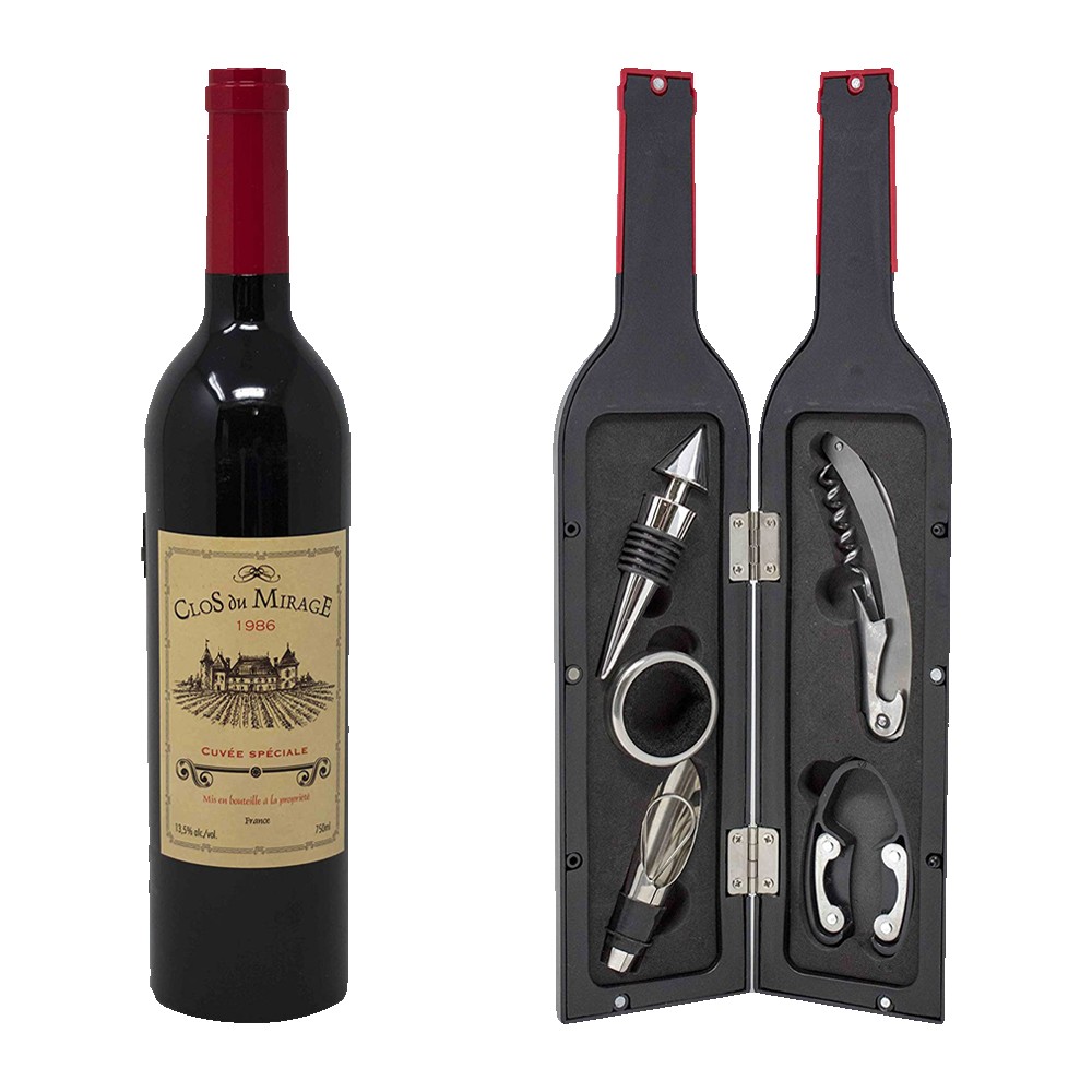 Custom 5-Piece Corkscrew Tool Set in Decorative Wine Bottle Case Custom 5-Piece Corkscrew Tool Set in Decorative Wine Bottle Case