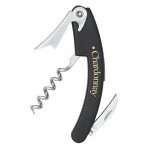 Curved Nickel Plated Corkscrew w/Black Plastic Handle with Logo