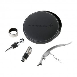 Logo Branded 4-Piece Corkscrew Tool Set with Round Faux Leather Case  Logo Branded 4-Piece Corkscrew Tool Set with Round Faux Leather Case