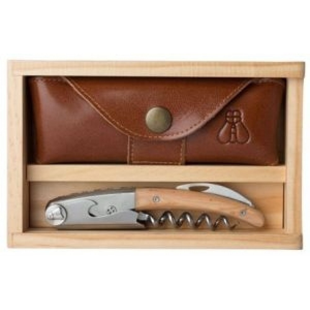 Clos Laguiole Waiter's Corkscrew Set w/Olive Wood Handle & Wood Box with Logo