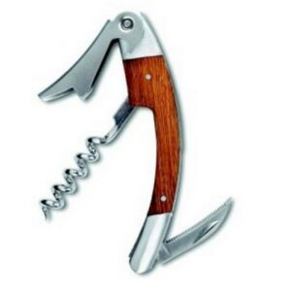 Promotional Curved Stainless Steel Corkscrew w/Bamboo Inset