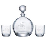 Logo Branded Orbit Round Decanter (27 oz.) with Two Matching (10.5 oz.) Orbit Rocks Glasses (3 Piece Set)