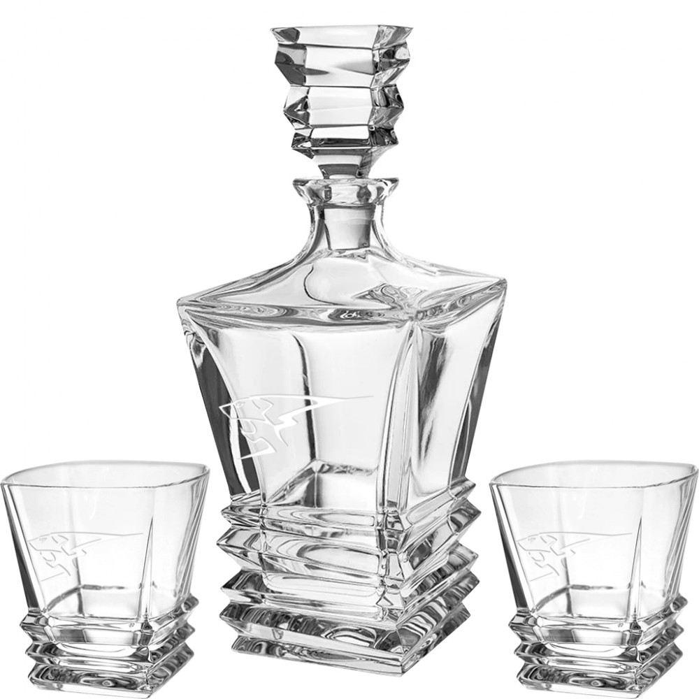 Westgate Citadel Crystal Decanter Set with Two Matching Rocks Glasses with Logo Westgate Citadel Crystal Decanter Set with Two Matching Rocks Glasses with Logo