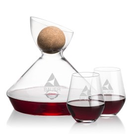 Woodbury Carafe w/Cork Stopper & 2 Reina Stemless Wine with Logo  Woodbury Carafe w/Cork Stopper & 2 Reina Stemless Wine with Logo