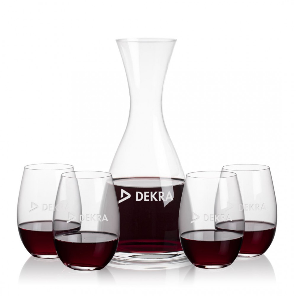 Wine Carafe Decanter Set. 4 Clear Stemless Wine Glasses. Hand