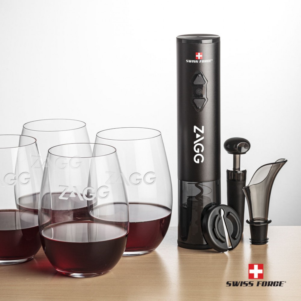 Swiss Force Opener & 4 Laurent Stemless Wine with Logo
