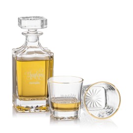 Logo Branded Santana Decanter & 2 Gold Rim On-the Rocks  Logo Branded Santana Decanter & 2 Gold Rim On-the Rocks