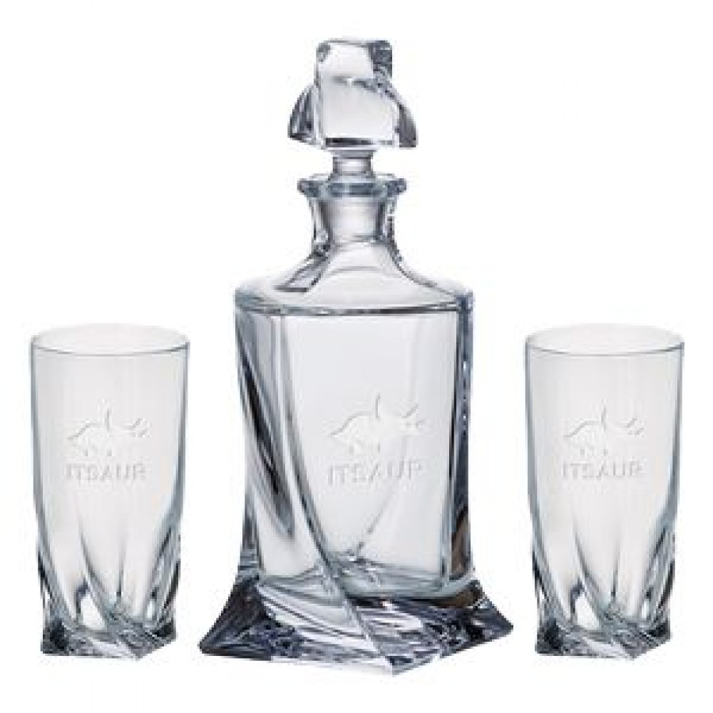 Logo Branded Quadro Decanter (28.75 oz.) with Two Matching (11.75 oz.) Quadro Highball Glasses (3 Piece Set) Logo Branded Quadro Decanter (28.75 oz.) with Two Matching (11.75 oz.) Quadro Highball Glasses (3 Piece Set)