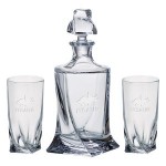 Logo Branded Quadro Decanter (28.75 oz.) with Two Matching (11.75 oz.) Quadro Highball Glasses (3 Piece Set)