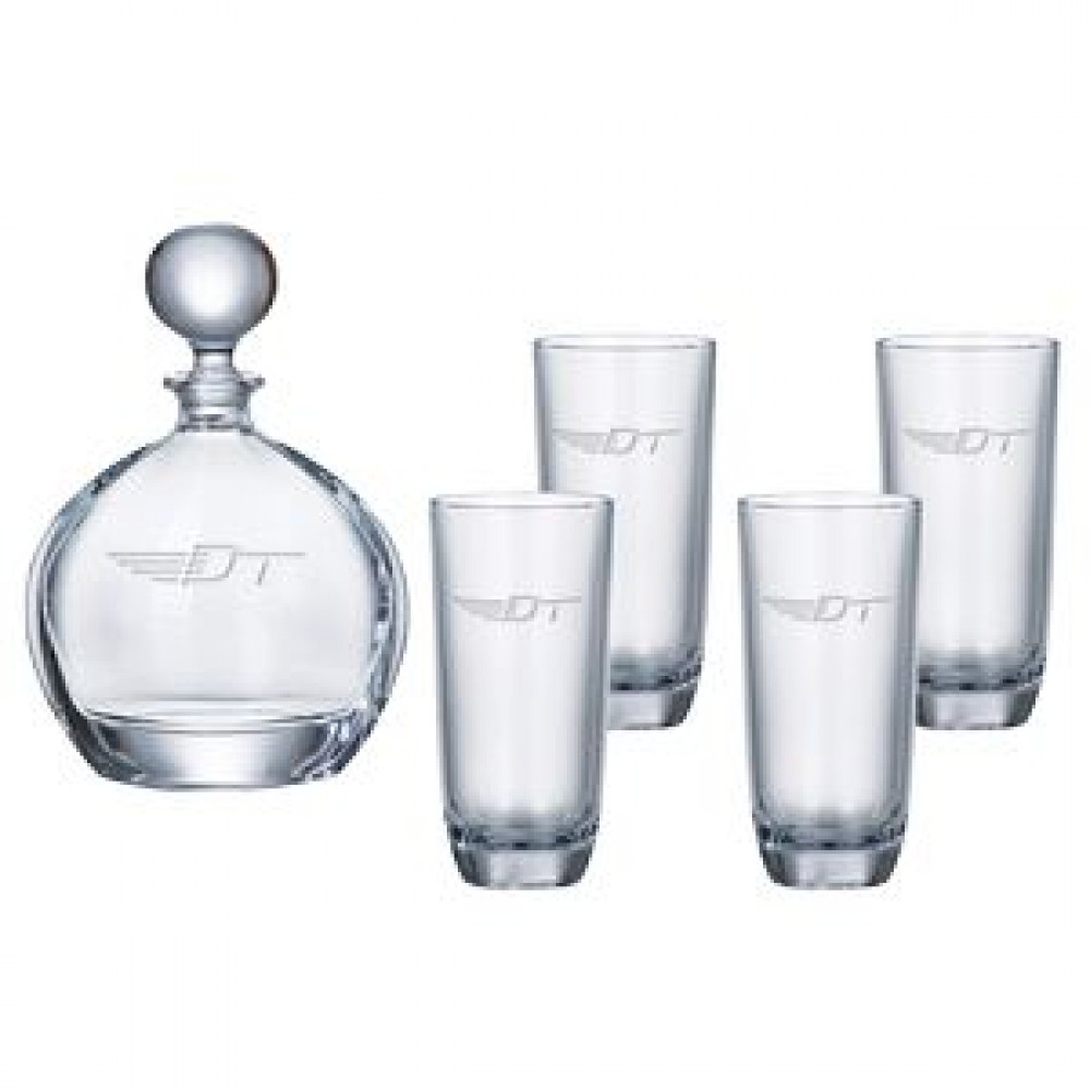 Orbit Round Decanter (27 oz.) with Four Matching (10.5 oz.) Orbit Highball Glasses (5 Piece Set) with Logo