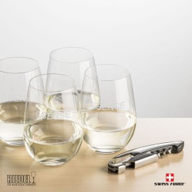 Logo Branded Swiss Force Opener & 4 RIEDEL Wine - Silver  Logo Branded Swiss Force Opener & 4 RIEDEL Wine - Silver