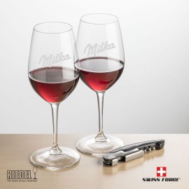 Personalized Swiss Force Opener & 2 RIEDEL Oenologue Wine - Black