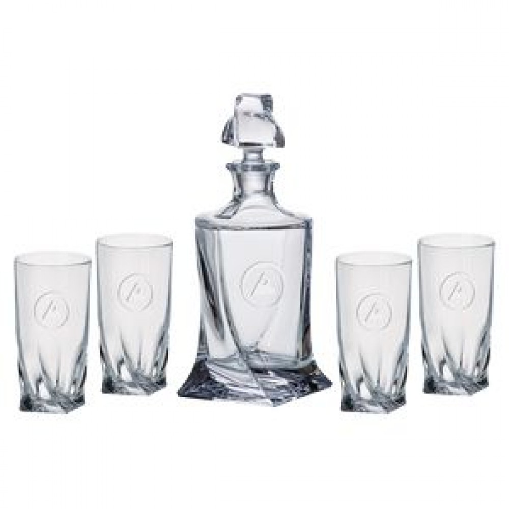 Quadro Decanter (28.75 oz.) with Four Matching (11.75 oz.) Quadro Highball Glasses (5 Piece Set) with Logo Quadro Decanter (28.75 oz.) with Four Matching (11.75 oz.) Quadro Highball Glasses (5 Piece Set) with Logo