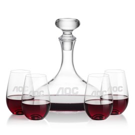 Custom Stratford Decanter & 4 Boston Stemless Wine  Custom Stratford Decanter & 4 Boston Stemless Wine