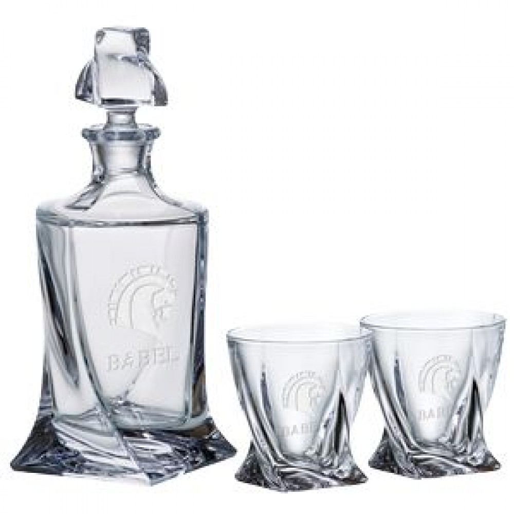 Logo Branded Quadro Decanter (28.75 oz.) with Two Matching (11.5 oz.) Quadro Rocks Glasses Set (3 Piece Set) Logo Branded Quadro Decanter (28.75 oz.) with Two Matching (11.5 oz.) Quadro Rocks Glasses Set (3 Piece Set)