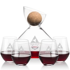 Customized Woodbury Carafe w/Cork Stopper & 4 Reina Stemless Wine