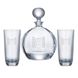 Custom Orbit Round Decanter (27 oz.) with Two Matching (10.5 oz.) Orbit Highball Glasses (3 Piece Set)
