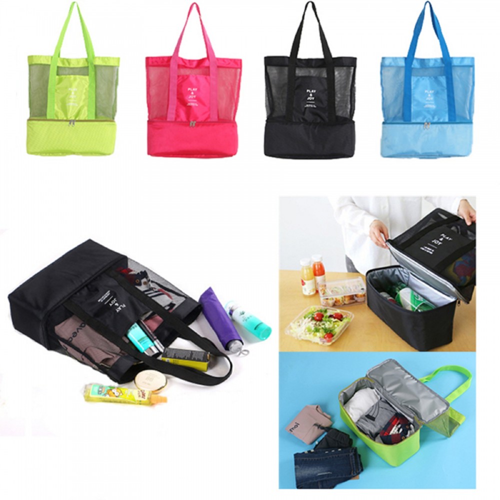 Custom Imprinted Outdoor Mesh Beach Tote Bag w/Insulated Picnic Cooler Custom Imprinted Outdoor Mesh Beach Tote Bag w/Insulated Picnic Cooler