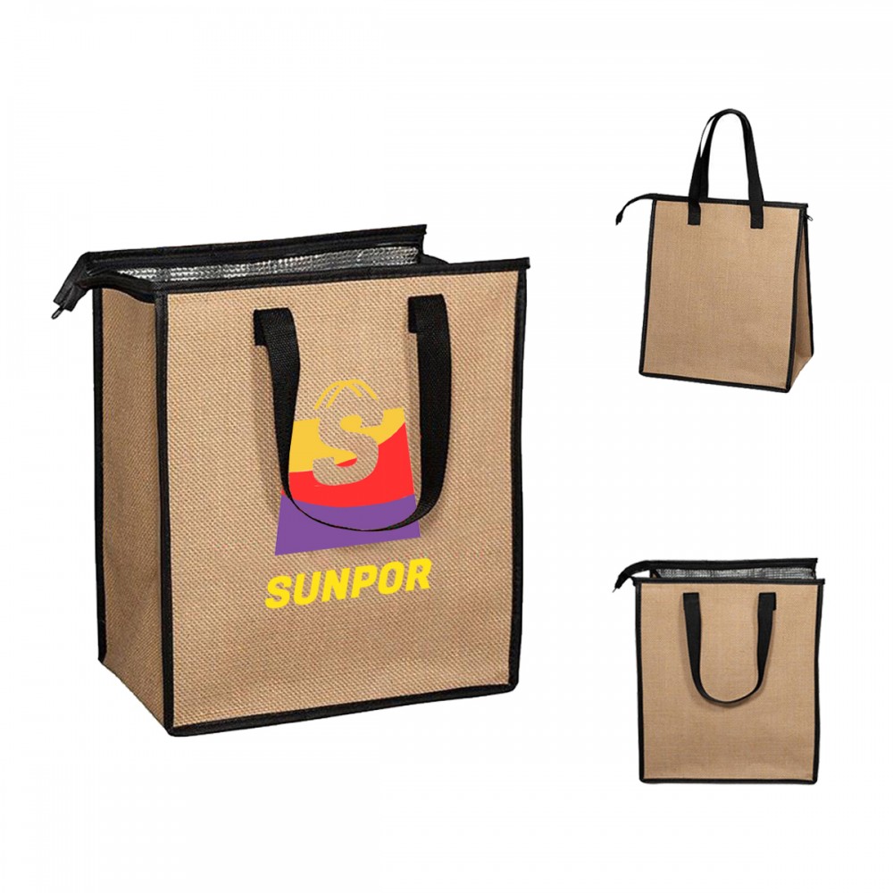 Personalized Insulated Natural Jute Cooler Tote w/ Zipper Personalized Insulated Natural Jute Cooler Tote w/ Zipper