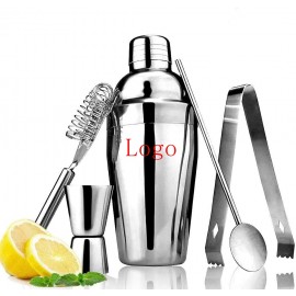 5 Piece Bartender Kit 18.5oz Stainless Steel Cocktail Shaker with Spoon Strainer Jigger Ice Tong with Logo