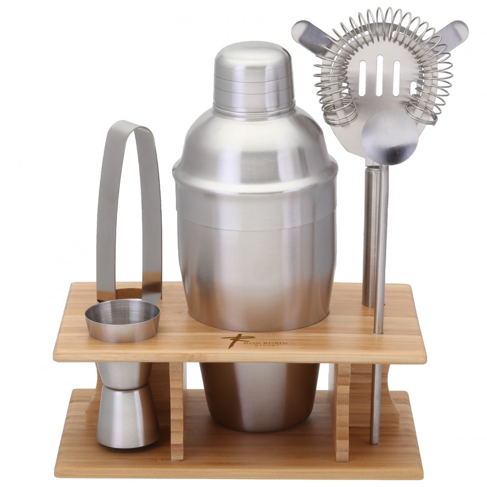Stainless Steel Shaker Set w/Bamboo Stand with Logo