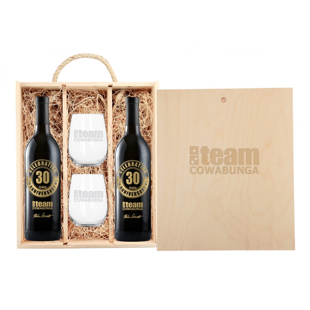 Custom Labeled Rustic Laser Engraved Triple Wood Box with Custom Etched Wines and Glasses