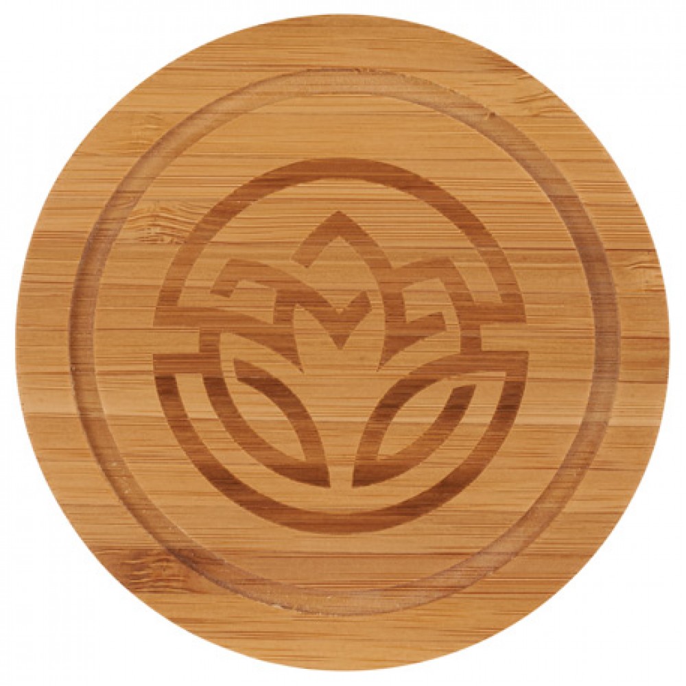 Round Bamboo Coaster Set with Holder Logo Branded Round Bamboo Coaster Set with Holder Logo Branded