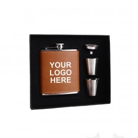 Custom Printed 8oz Stainless Steel Leatherette Flask Gift Set w/ Cups