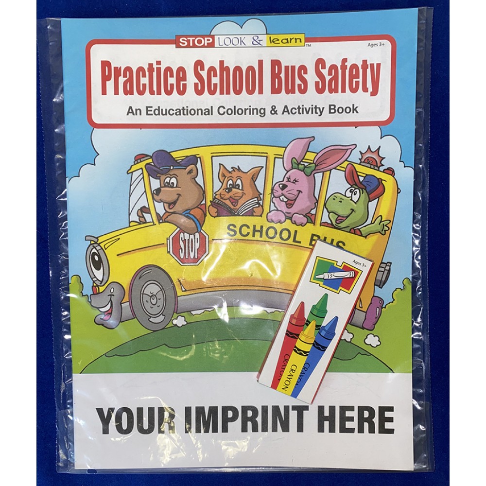 Custom Imprinted Practice School Bus Safety Coloring Book Fun Pack