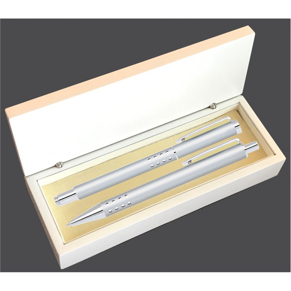 Dot Grip Pen Set Series- Silver Pen and Roller Pen Set, Crescent Moon Shape Clip, white gift box Logo Branded