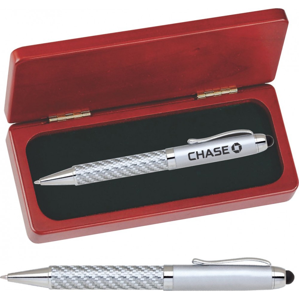 FIBERTEC Series Stylus Pen, silver pen barrel stylus pen with rosewood color gift box with Logo FIBERTEC Series Stylus Pen, silver pen barrel stylus pen with rosewood color gift box with Logo