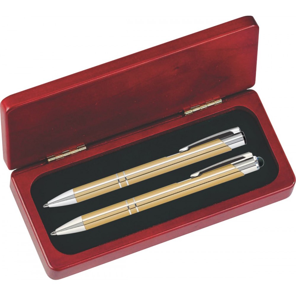 Logo Branded JJ Series Gold Stylus Pen and Pencil Set in Rosewood Presentation Gift Box Logo Branded JJ Series Gold Stylus Pen and Pencil Set in Rosewood Presentation Gift Box