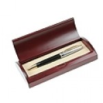 Black Executive Ball Pen in Curved Wooden Gift Box w/Gold Accents Custom Printed