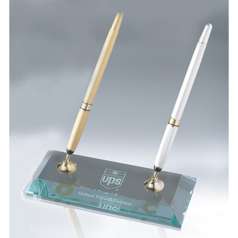 Double Silver Pen Set with Slant Base Logo Branded Double Silver Pen Set with Slant Base Logo Branded
