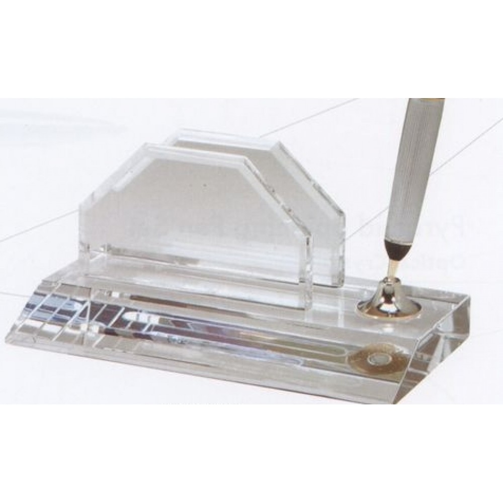 Custom Printed Optical Crystal Silver Pen Set w/Business Card Holder