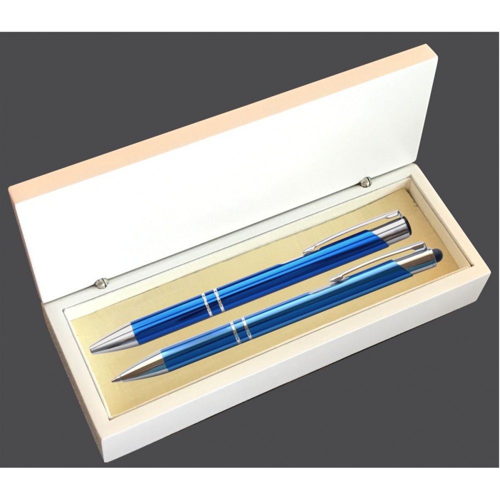 JJ Series Blue Stylus Pen and Pencil Set in white wood Presentation Gift Box Custom Printed JJ Series Blue Stylus Pen and Pencil Set in white wood Presentation Gift Box Custom Printed