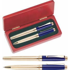 WM Series Pen and Roller Pen Gift Set in Rosewood gift box - blue pen set with Logo