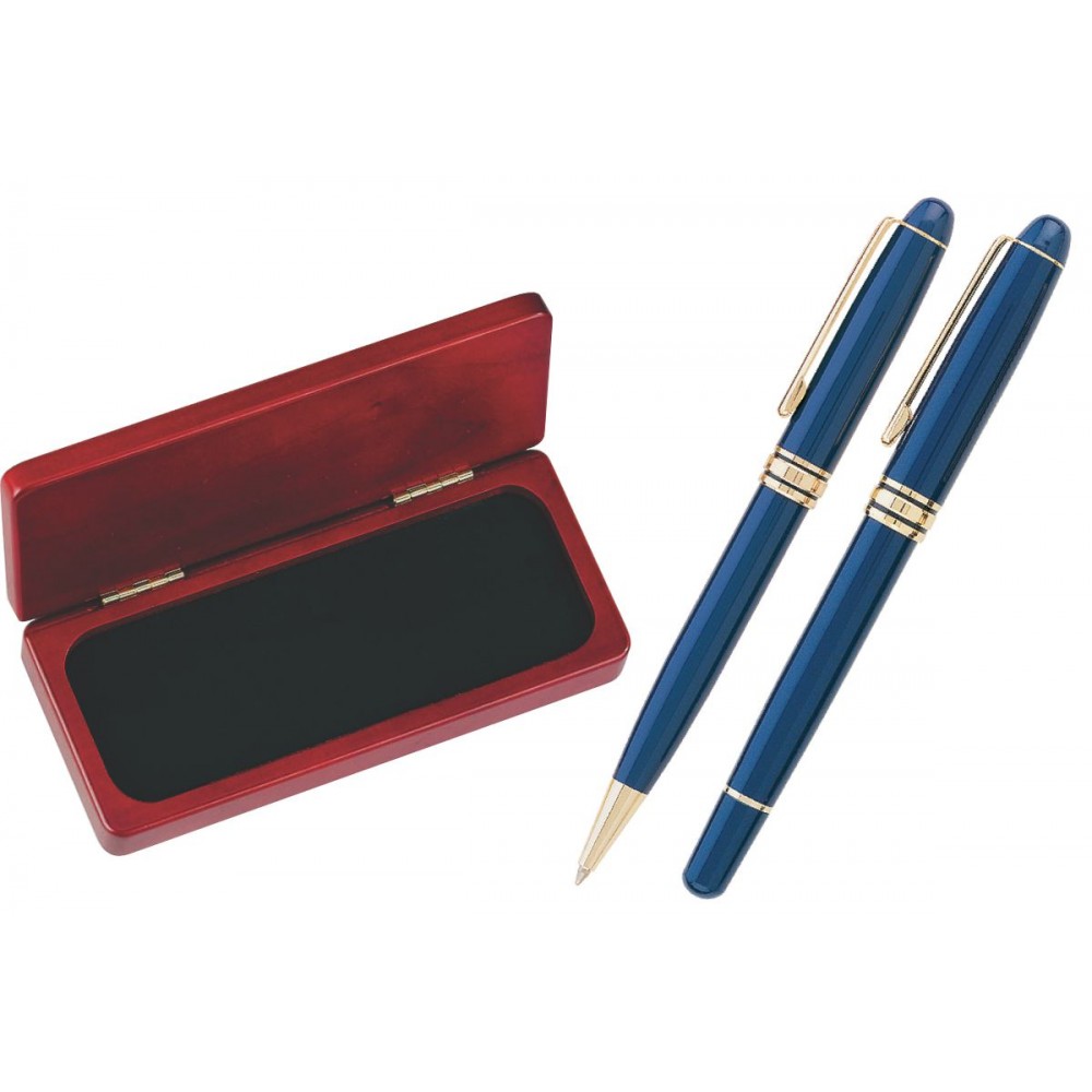 MB Series Pen and Roller Pen Gift Set in Rosewood gift box - blue pen set Custom Printed