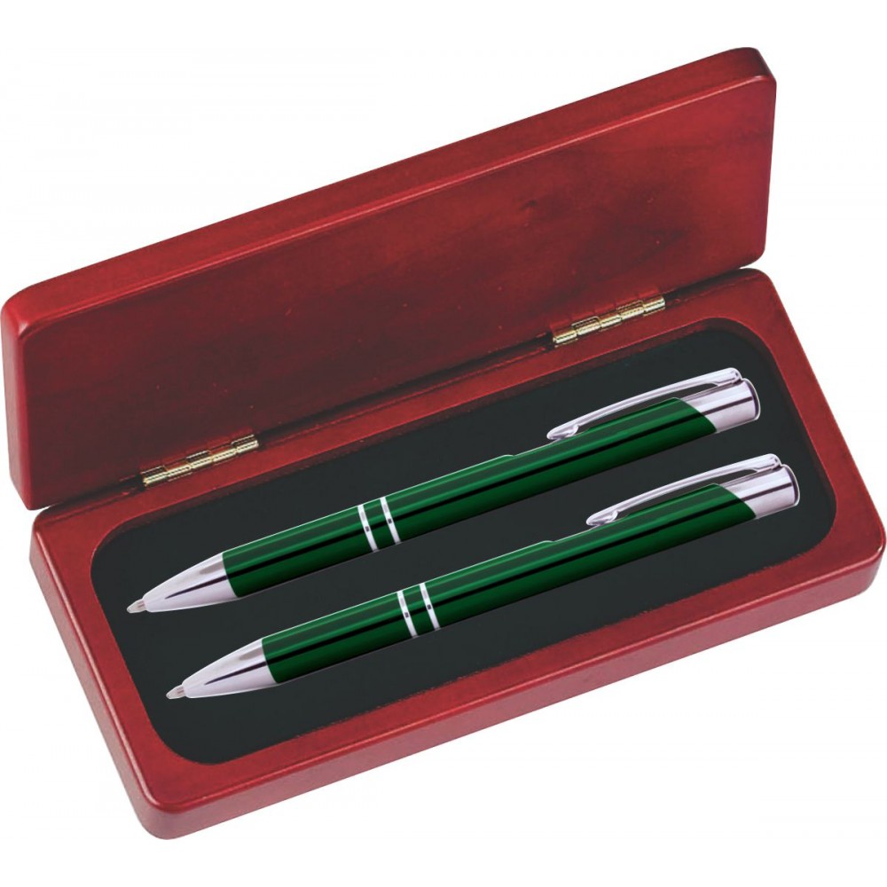 Custom Imprinted JJ Series Green Pen and Pencil Set in Rosewood Presentation Gift Box