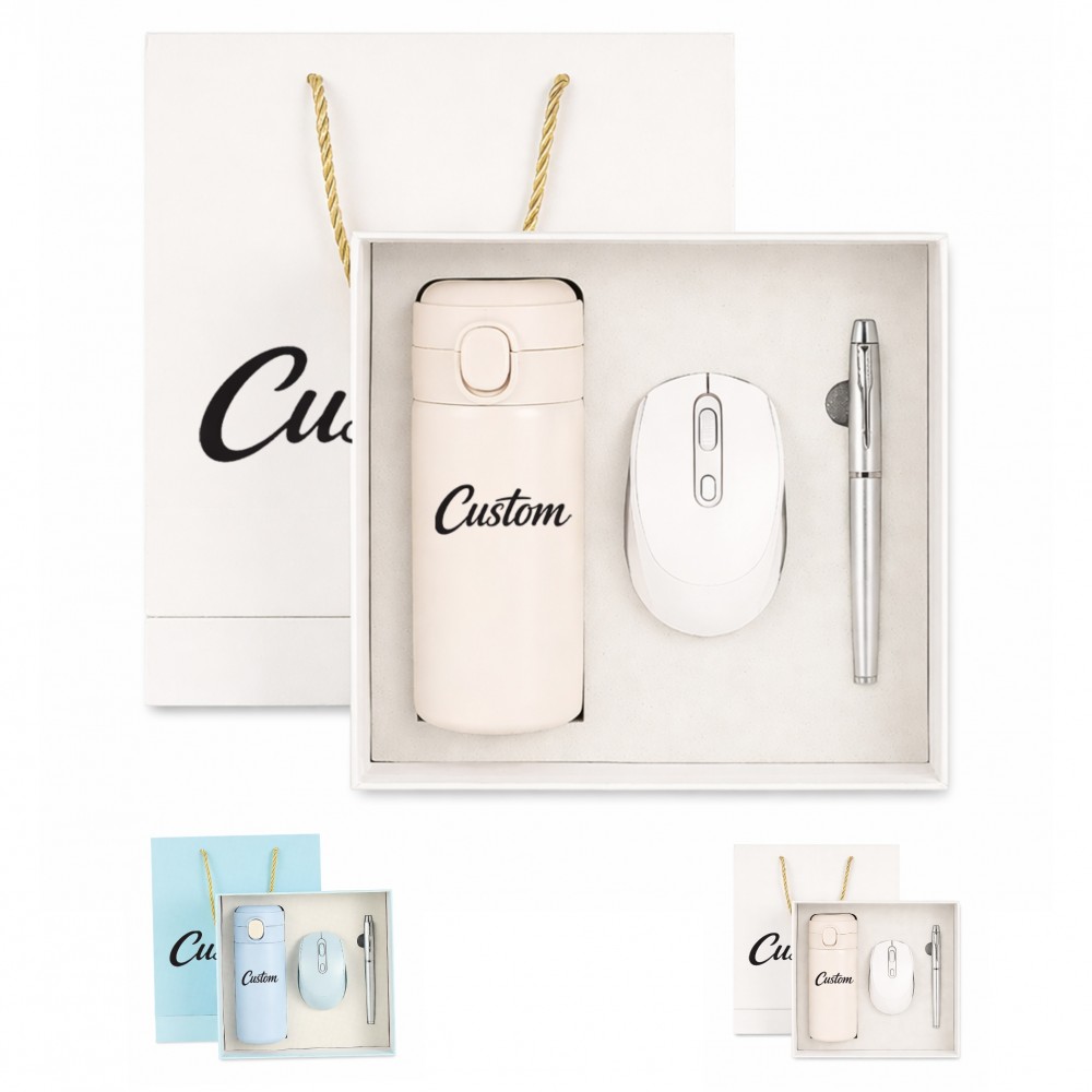 Office Essentials Gift Set with Insulated Bottle, Mouse and Pen Custom Imprinted