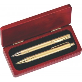 Dot Grip Pen Set Series- Gold Pen and Roller Pen Set, Crescent Moon Shape Clip, Rosewood gift box with Logo
