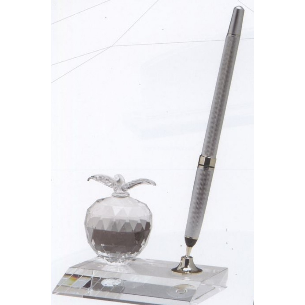 Optical Crystal Apple Pen Set w/Pearl Black Pen Logo Branded