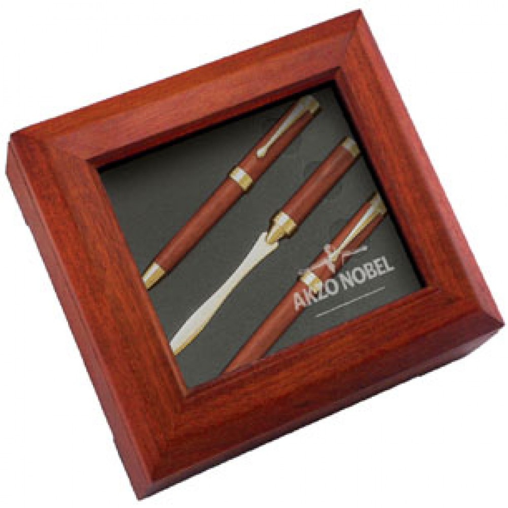 7-1/4"x6-1/2"x2" Deluxe 5 Pen Wooden Gift Box Set Logo Branded