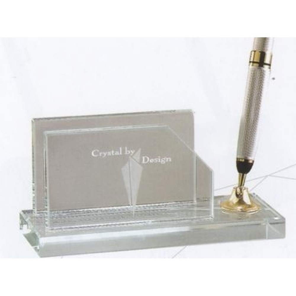 Custom Printed Jade Glass Pen Set w/Business Card Holder & 1 Pearl Black Pen