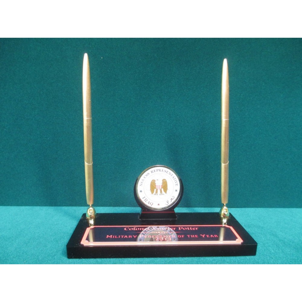 Desk Set, Black Acrylic Coin holder in Center - 2 pens Custom Imprinted Desk Set, Black Acrylic Coin holder in Center - 2 pens Custom Imprinted