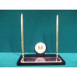 Desk Set, Black Acrylic Coin holder in Center - 2 pens Custom Imprinted